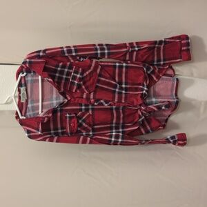 Girl's Passport Red Black Flannel Plaid Long Sleeve Button Down Shirt Tied Hem